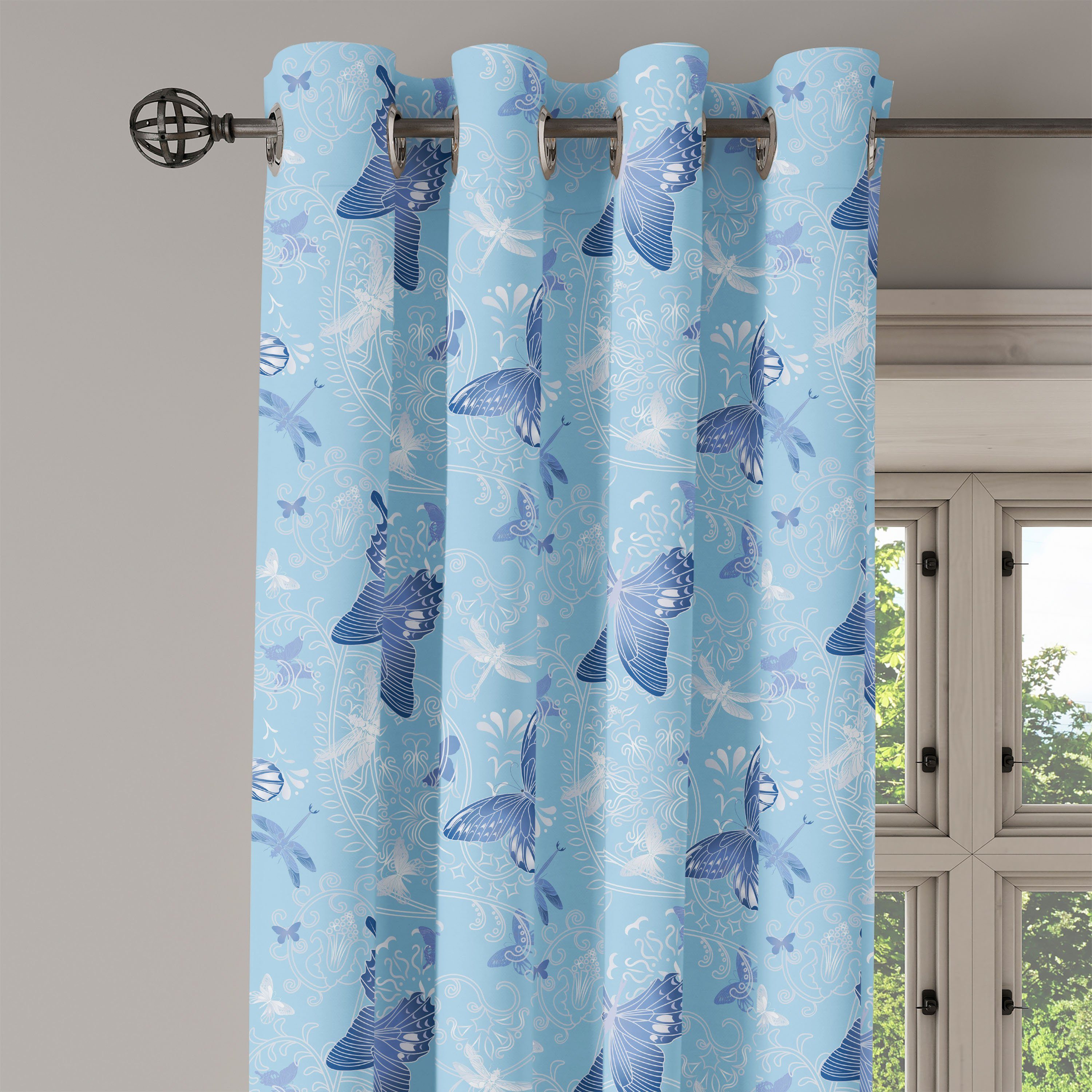 Gardine Dekorative 2-Panel-Fenstervorhänge für Schlafzimmer Wohnzimmer, Abakuhaus, blaue Schmetterling Libellen