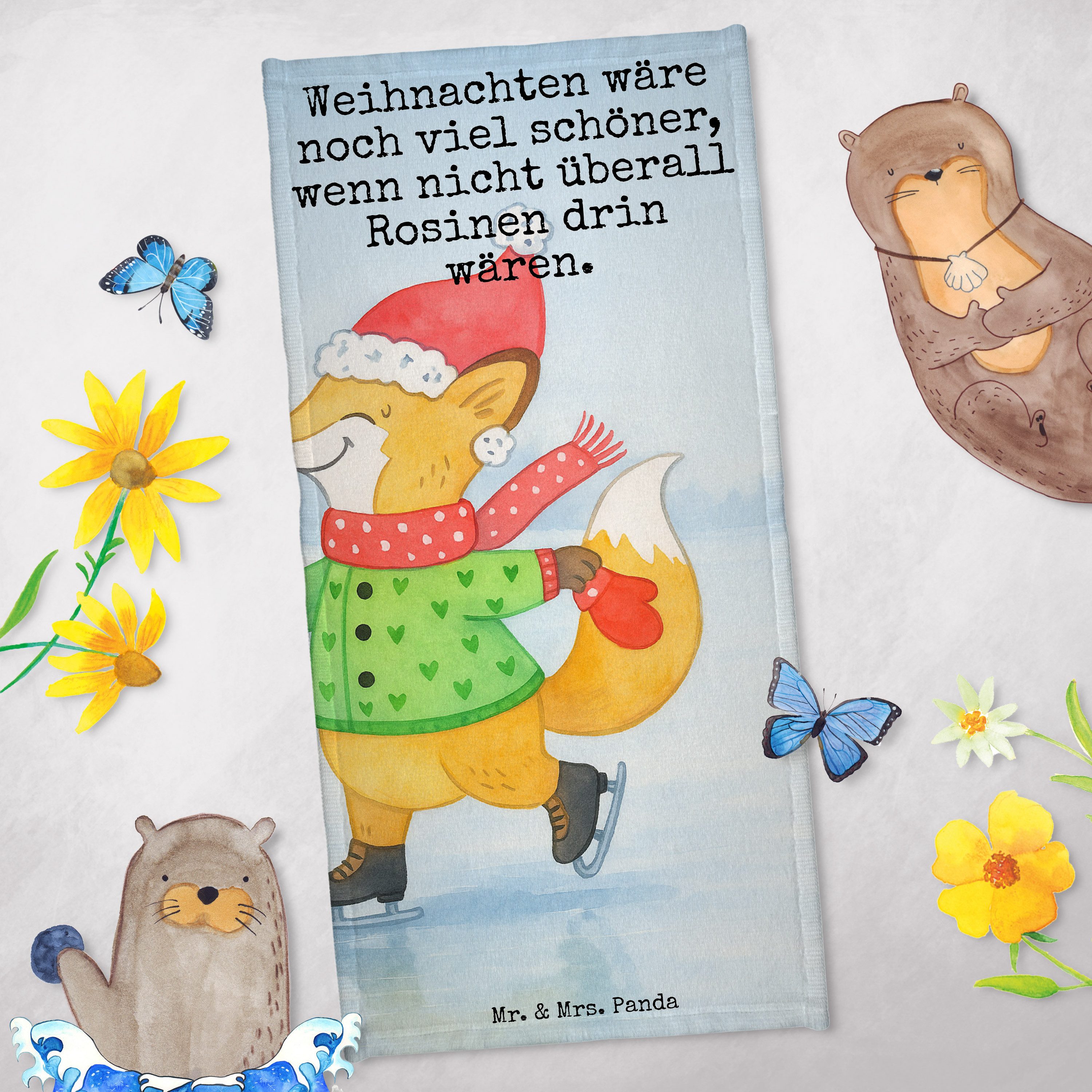 Mr. & Mrs. Panda Handtuch Fuchs Schlittschuhe Design, Badehandtuch, Eisblau, Weihnachtsbaum, W, Kunstfaser (Packung), Frotteetuch Badehandtuch Heiligabend