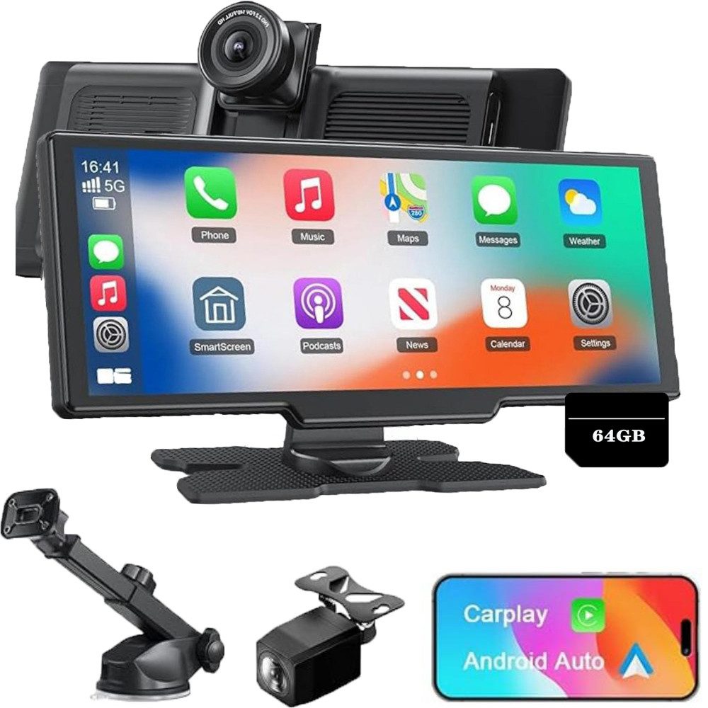TWUFY Dashcam Auto, Autokamera,Kamera Carplay mit GPS Navigationsgerät Dashcam (1600*600, WLAN (Wi-Fi), 1600 x 600 Auflösung, Split-Screen, Intelligente Sprachsteuerung, 64GB-TF-Karte (vorinstalliert),Kabelloses Apple CarPlay, Android Auto)