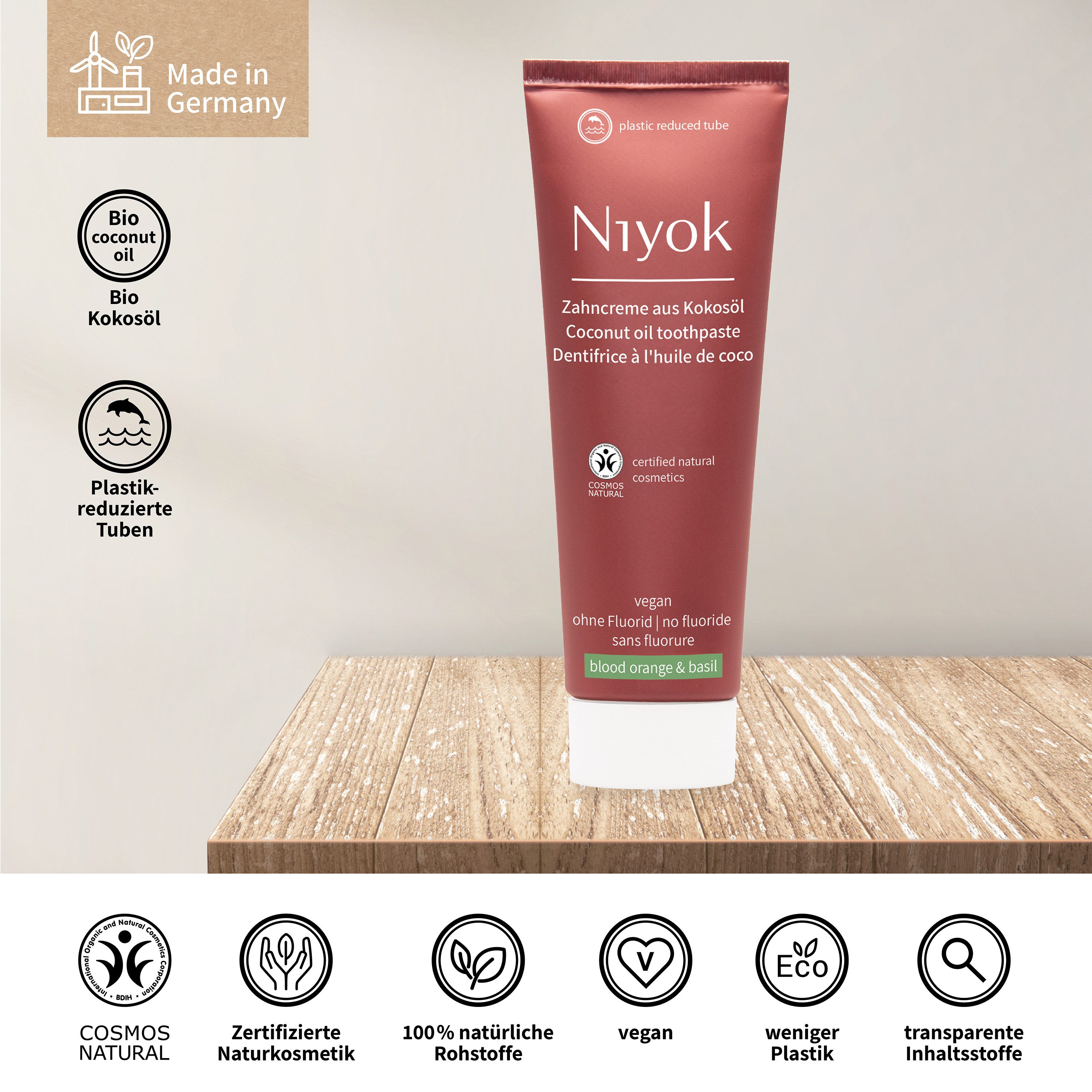 Niyok Zahnpasta aus Bio Kokosöl Ohne Fluorid & Vegan für Intensive Pflege & Frische, Blutorange & Basilikum (blood orange & basil)