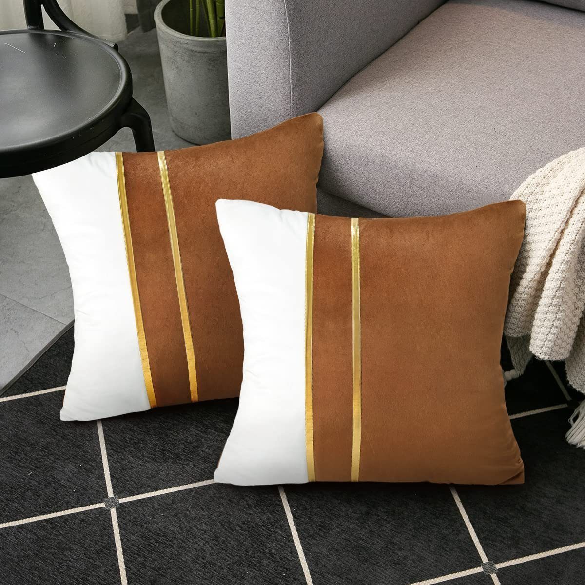 Patchwork Deko Golden Kissenbezüge, 2er Braun Samt HOMEIDEAS, Kissenbezug,