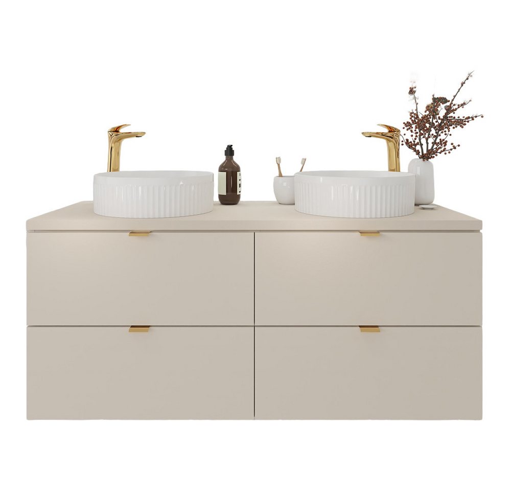 Lomadox Waschtisch DURANGO-56, Doppelwaschtisch 120 cm, Keramikwaschbecken, kaschmir, 4 Schubladen