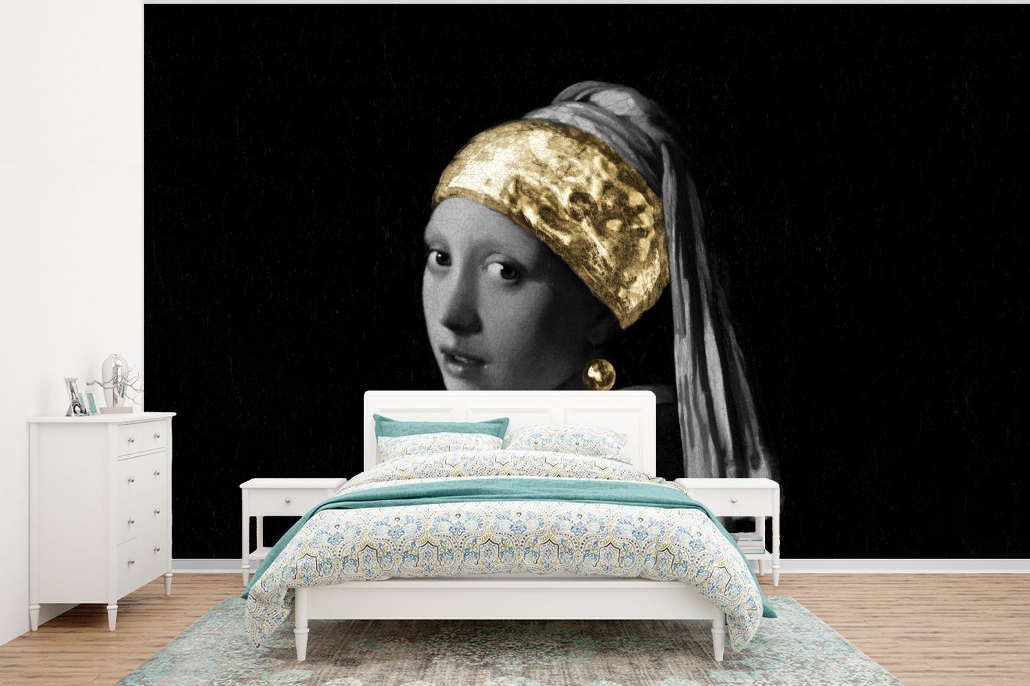 MuchoWow Fototapete Mädchen mit Perlenohrring - Vermeer - Stirnband - Gold, Matt, bedruckt, (6 St), Wallpaper für Wohnzimmer, Schlafzimmer, Kinderzimmer, Vinyl Tapete