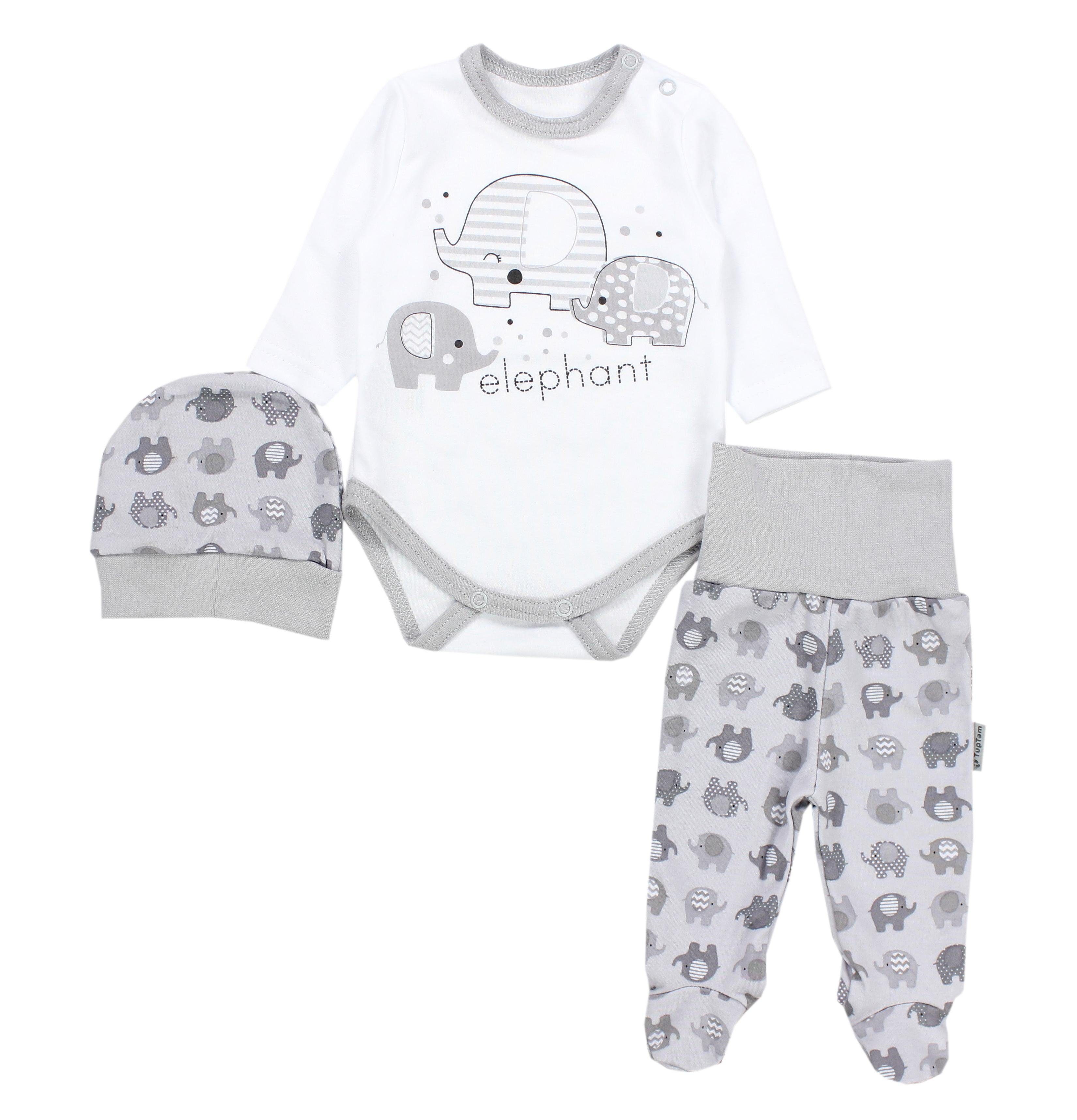 TupTam Erstausstattungspaket Baby Mädchen Jungen Bekleidungsset Langarmbody Hose Mütze mit Spruch Graue Elefanten / Weiß