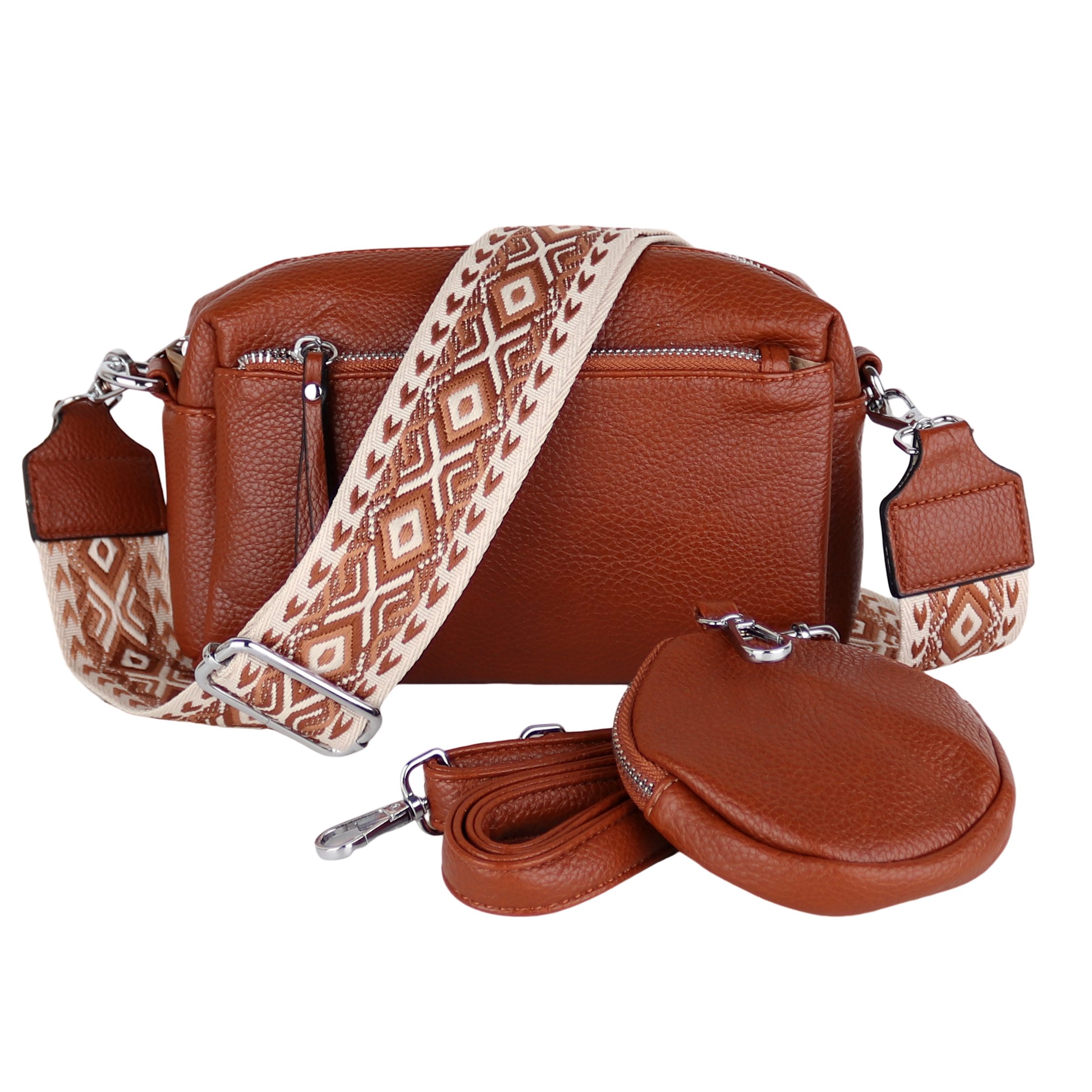 MIRROSI Umhängetasche Damen, Veganleder Crossbody Tasche Bag, Schultertasche (inkl. 1 Münzbeutel und 2 Wechselgurte, 19x14x8cm (BXHXT), gemusterten & verstellbaren Schulterriemen