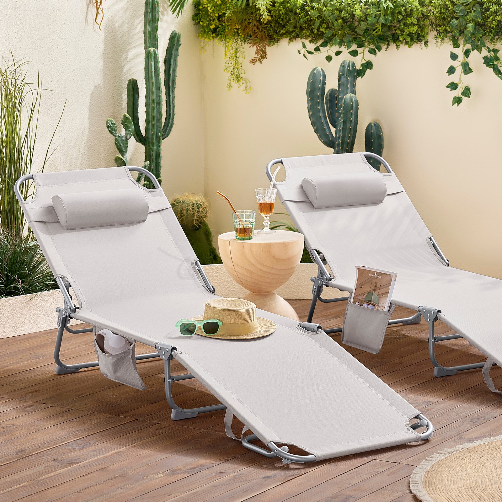 SoBuy Gartenliege OGS35x2, 2-er Set Sonnenliege klappbar, Gartenliege Liegestuhl, 2er Set, Strandliege mit Kopfkissen und Seitentasche