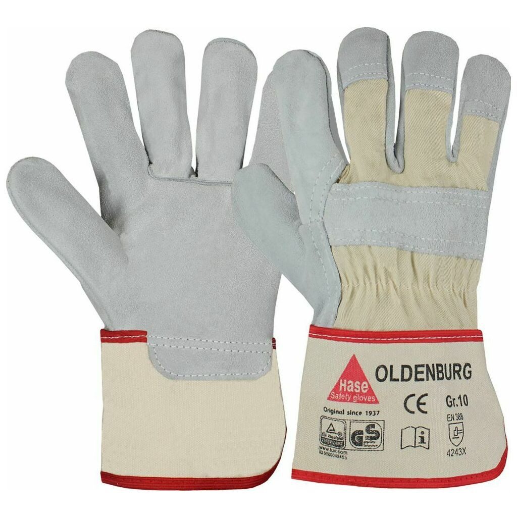 Hase Safety Gloves Lederhandschuhe Oldenburg Leder Arbeitshandschuh aus Rindspaltleder 212100 (Packung, 12-St., VPE= 12-120 Paar, Gr 8-12)