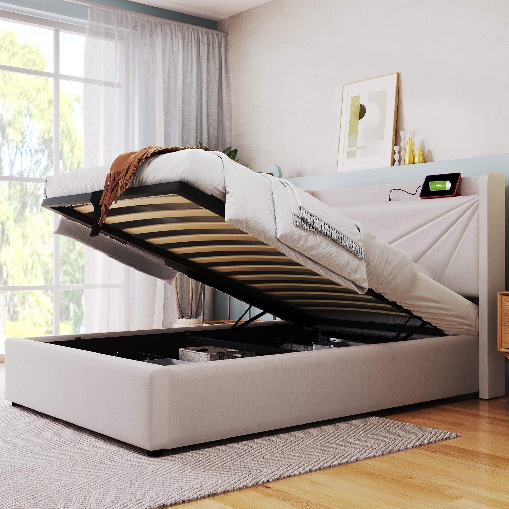 Polsterbett (Funktionsbett mit Lattenrost und Matratze), Stauraumbett 90x200cm mit USB Typ C Ladefunktion Kopfteil, Leinen