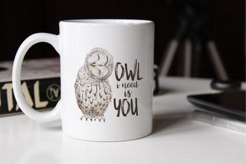 MoonWorks Tasse Kaffee-Tasse Eule Owl I need is you Liebe Spruch Geschenk Valentinstag Weihnachten Ehe Partnerschaft MoonWorks®, Keramik