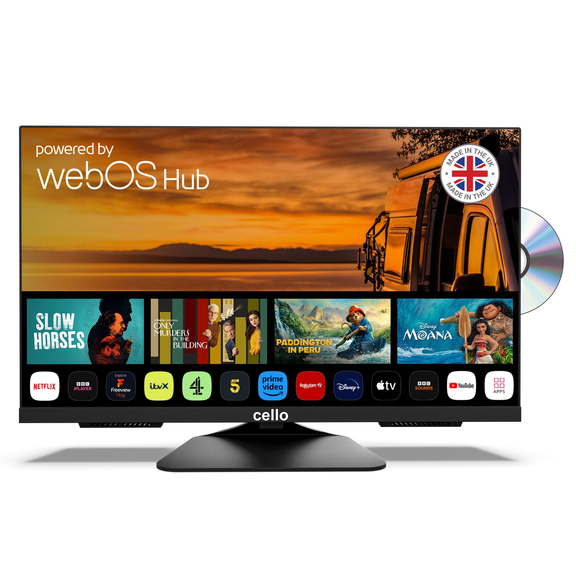 Cello C2425WSF-Trav LED-Fernseher (60,96 cm/24 Zoll, 1366 × 768 (HD Ready), Smart-TV, integrierter DVD Player, Pitch Perfect Sound, Camping-TV 12/24/230V)