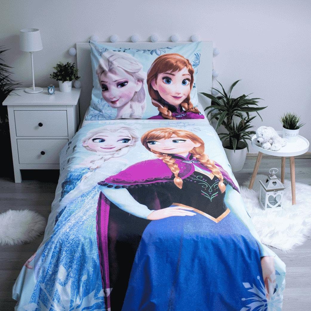 Bettwäsche Die Eiskönigin 2 Anna Elsa Floral blau Kopfkissen Bettbezug Set,  Disney Frozen, Baumwolle