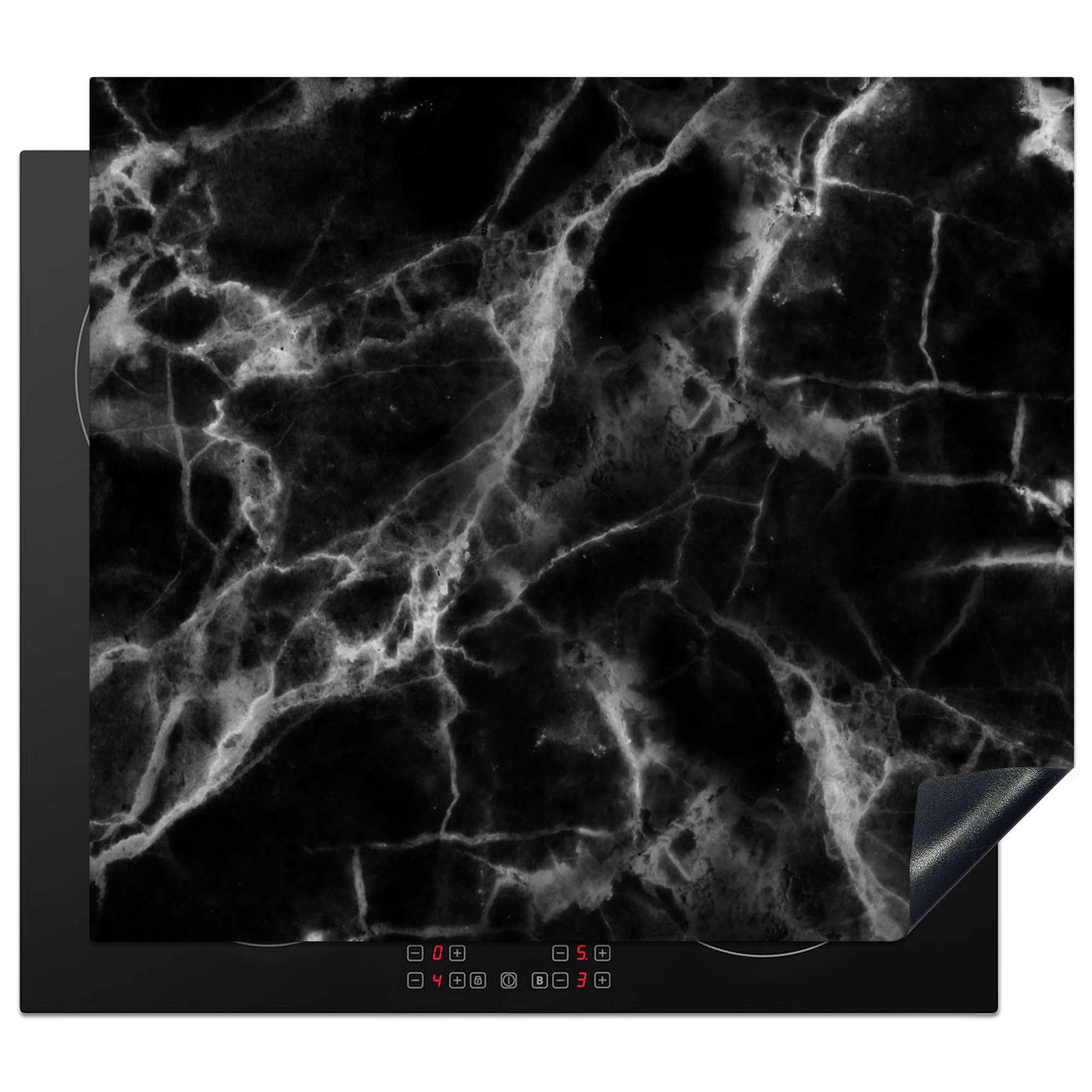 MuchoWow Herdblende-/Abdeckplatte Marmor - Kalkstein - Schwarz - Weiß, Vinyl, (1 tlg), 59x52 cm, Ceranfeldabdeckung für die küche, Induktionsmatte