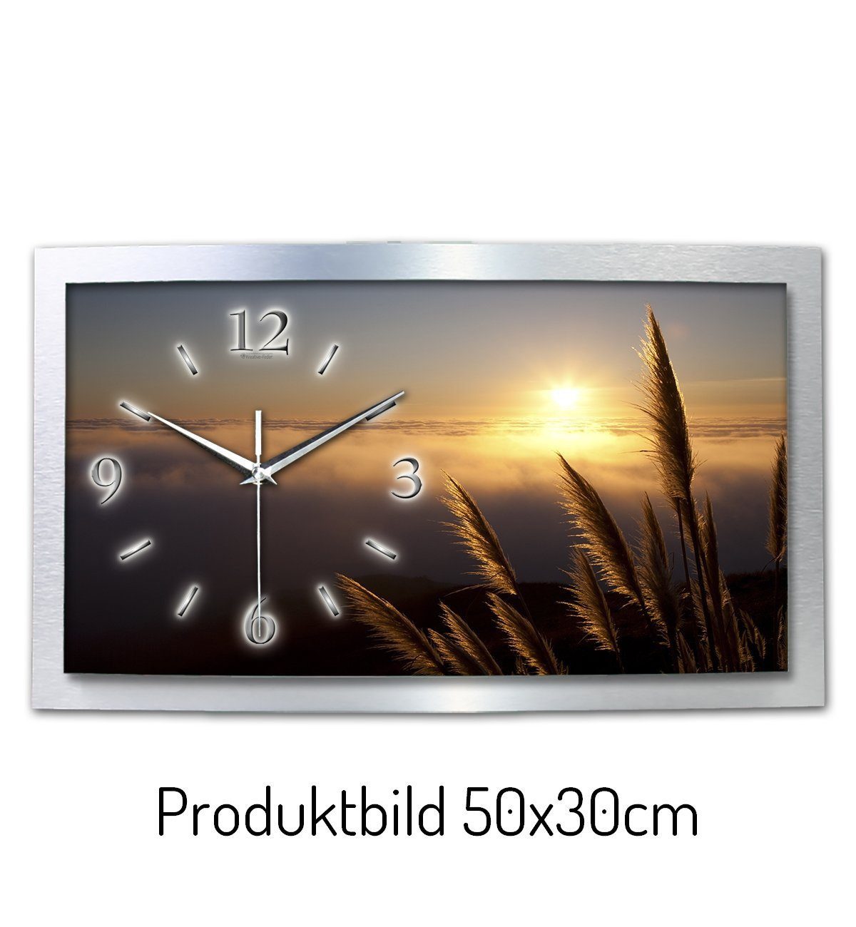 Kreative Feder Funkwanduhr „Sonnenuntergang am Meer“ 3D Designer Wanduhr aus Alu, leise (ohne Ticken; Quarz oder Funkuhrwerk; verschiedene Größen)