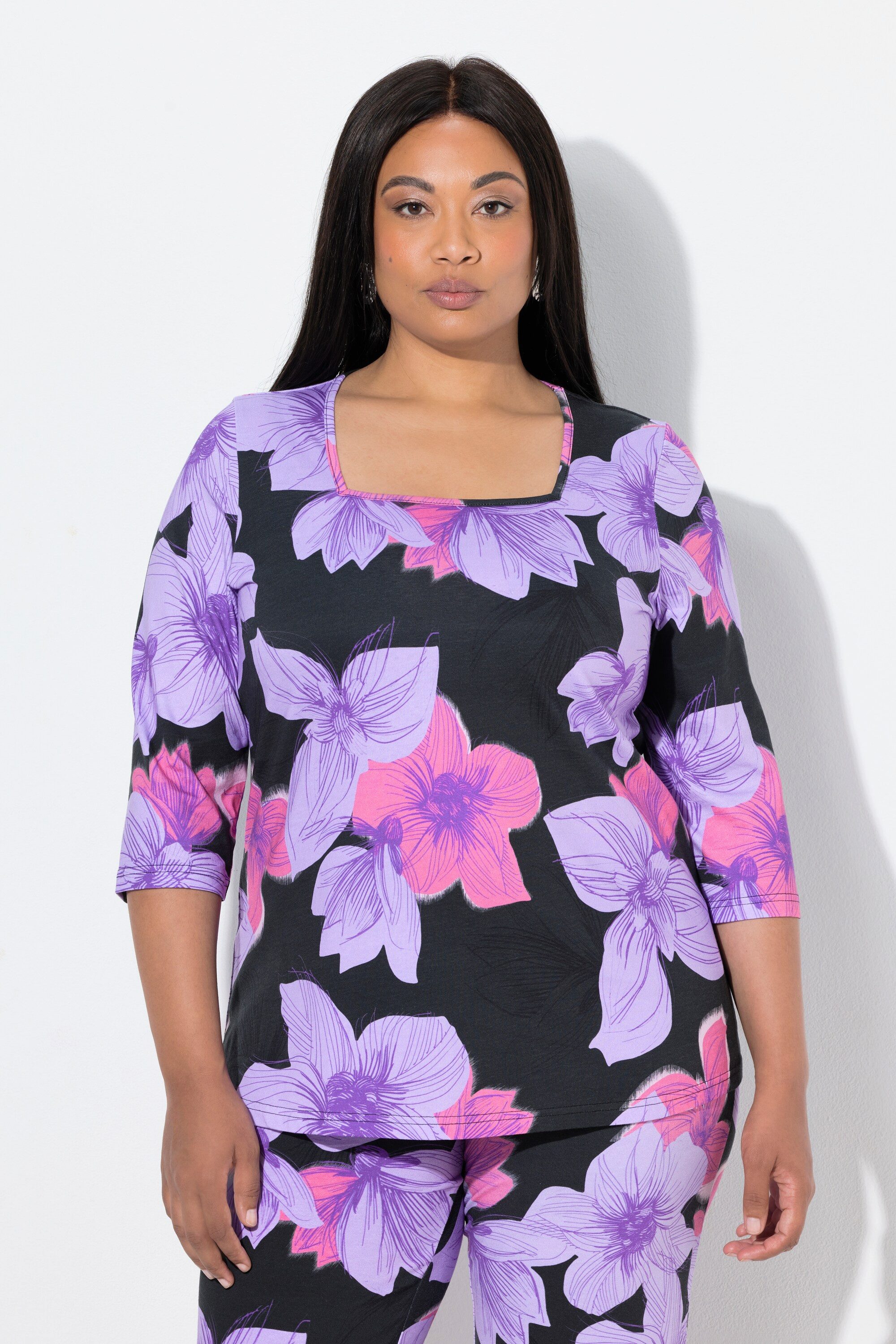 Longshirt Shirt Blüten A-Linie Carré-Ausschnitt 3/4-Arm