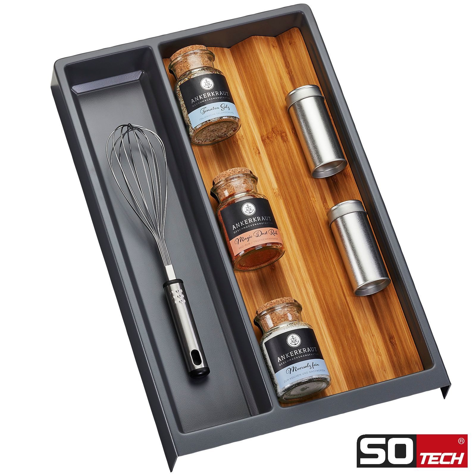 SO-TECH® Schubladeneinsatz SEPARADO Individual (300 x 474 x 51 mm) ab 40cm Schrankbreit (1 St), Mehrzweckeinsatz schiefergrau genarbt inkl. Bambus Gewürzeinsatz – Bild 2 von 5