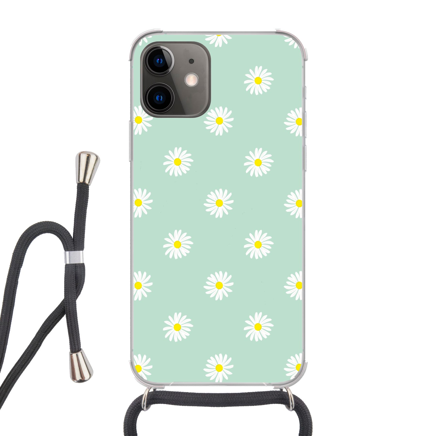 MuchoWow Handyhülle für Apple iPhone 12 Gänseblümchen - Pastell - Weiß - Grün - Florales M, Tragbare Handyhüllen mit Kette zum umhängen, Handykette Handyband
