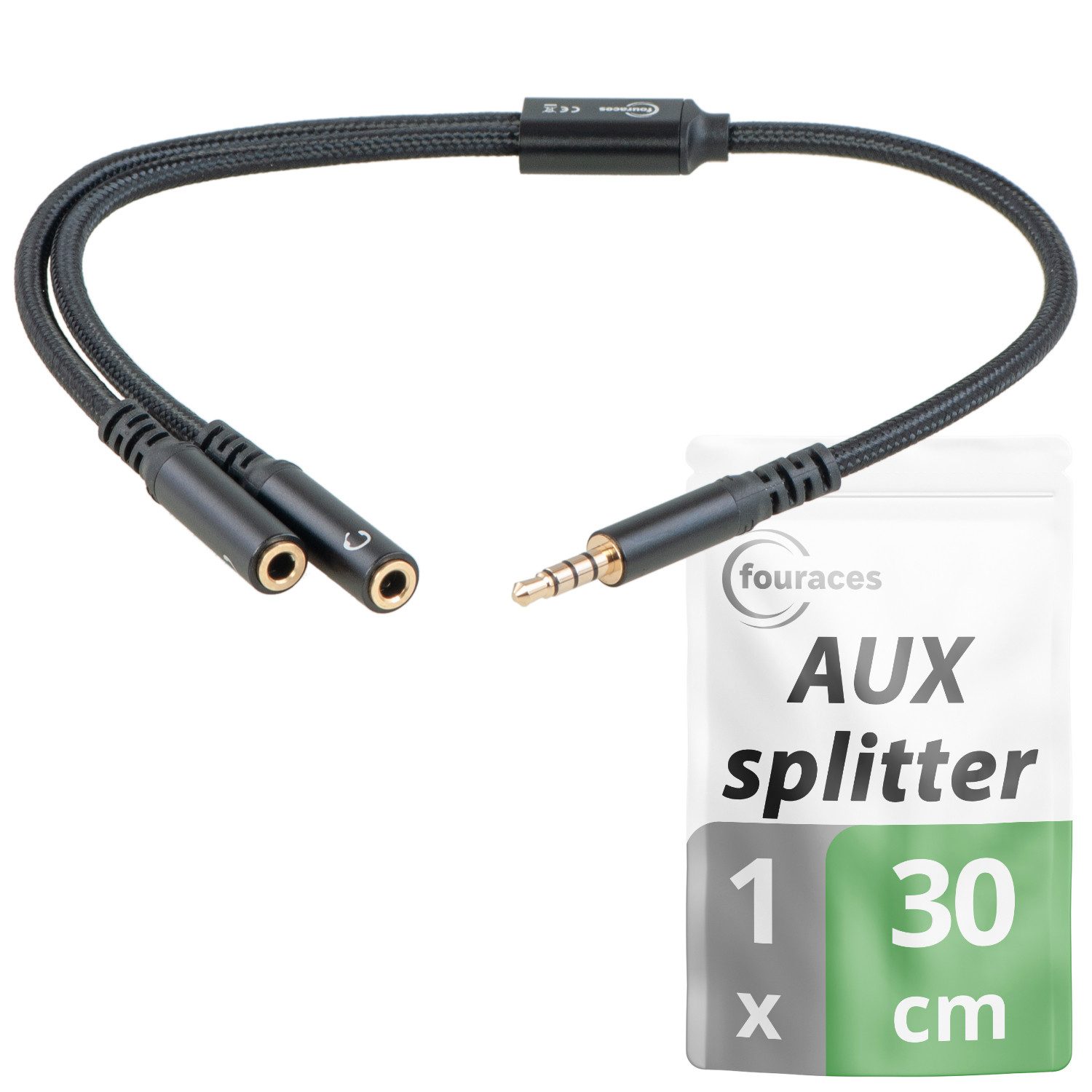 fouraces fouraces AUX Splitter, kurz, 30cm, 4pol für Headset, Kopfhörer, Handy Audio-Kabel, 3,5-mm-Klinke, 3,5-mm-Klinke (30 cm), perfekt für sehr kurze Verkabelungswege - z.B. im Auto