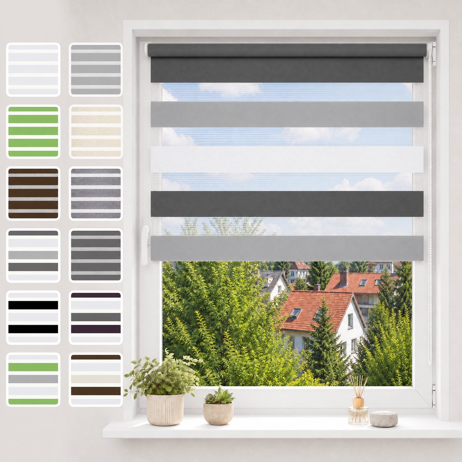 Doppelrollo ohne Bohren, Weiß-Beige-Braun/Weiß-Grau-Anthrazit, OUBO, Lichtdurchlässig Rollo für Fenster & Tür, Klemmfix, Klemmträger, Lichtschutz schnelle und einfache Montage mit beiliegendem