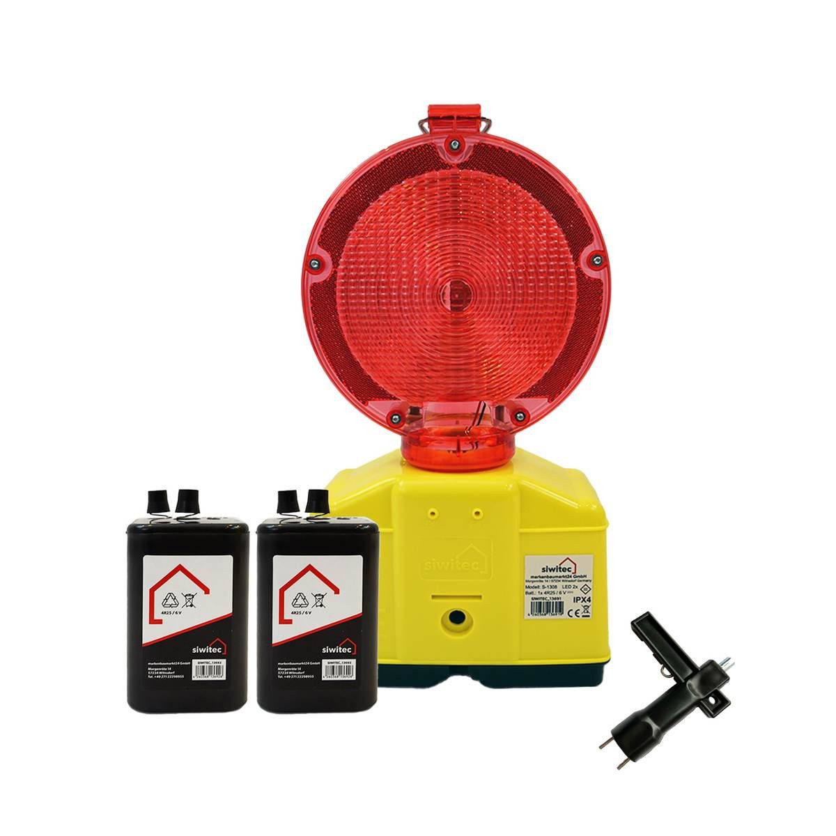 siwitec Baustrahler 1 x Baustellenleuchte rot-klar mit Lampenschlüssel, 2 x Blockbatterien, Weiß, Dämmerungsfunktion