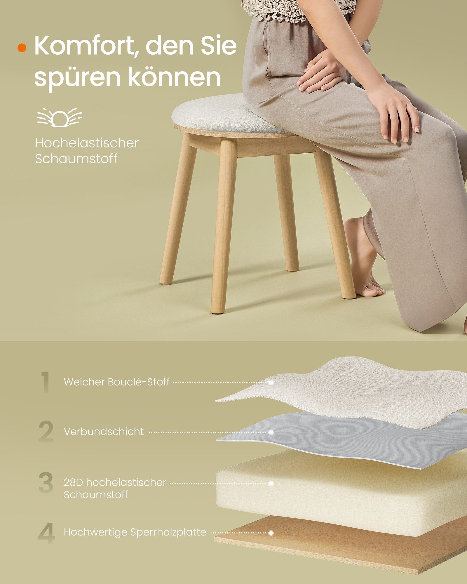 SONGMICS HOME Schminktisch Schminkhocker (Schminktisch-Hocker gepolstert, Massivholzbeine, Sitzhocker rund), Fußhocker, rutschfeste Fußpads, Boho-Stil, Schlafzimmer