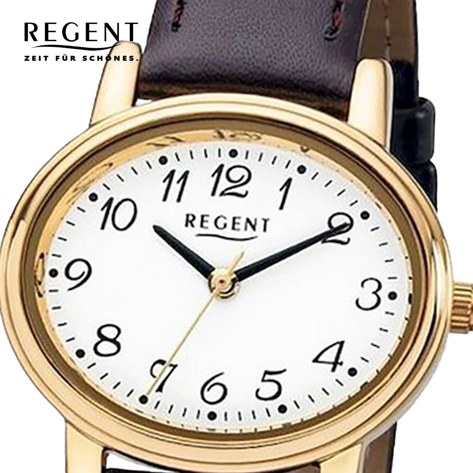 Armbanduhr Regent 30mm), (ca. Quarzuhr braun Analog Damen Regent mittel Lederarmband oval, Damen-Armbanduhr F-577,