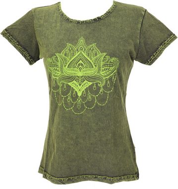 Guru-Shop T-Shirt Boho T-Shirt mit Lotusdruck, Stonewash Yoga.. Festival, Ethno Style, alternative Bekleidung