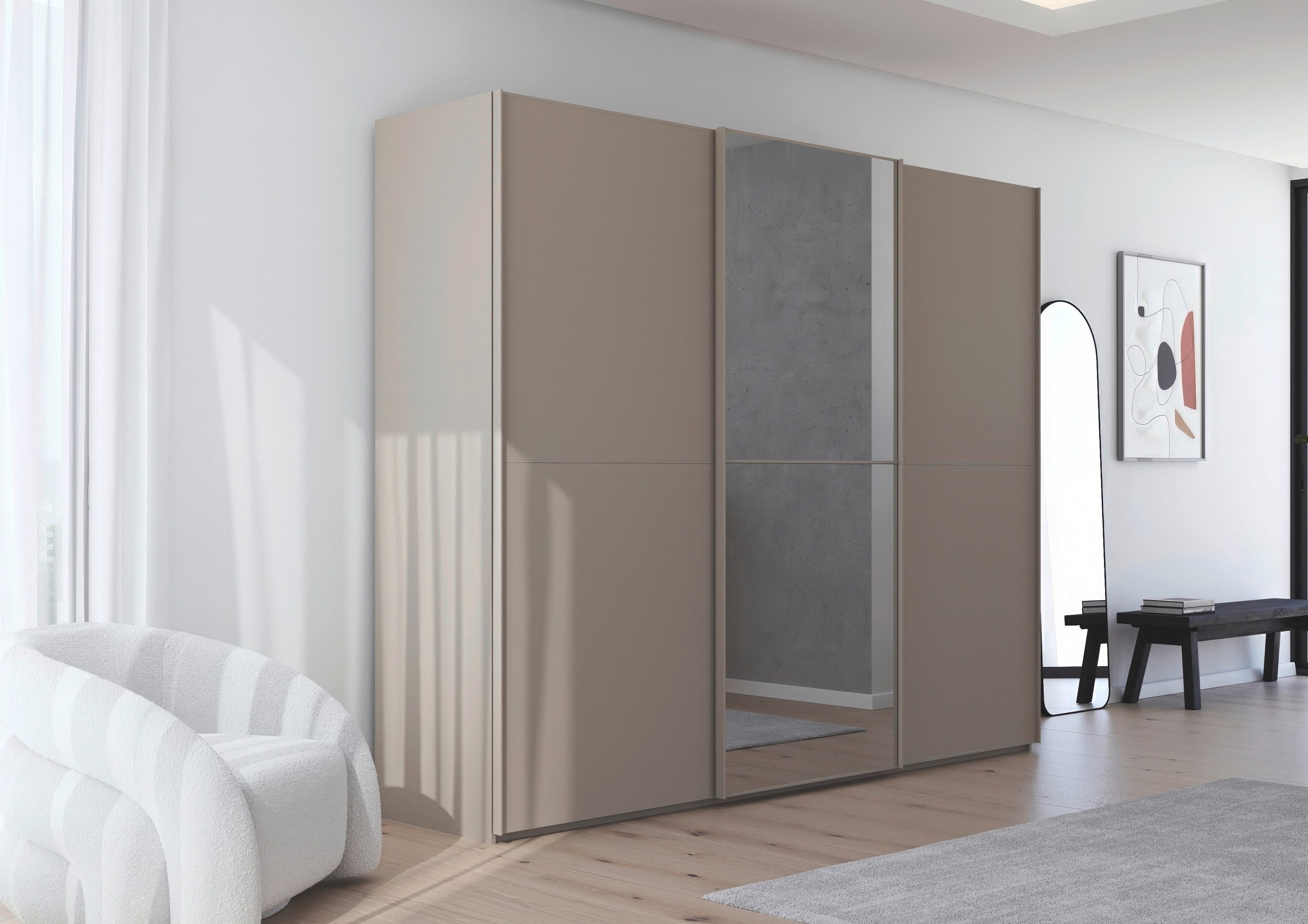 rauch Schwebetürenschrank Kleiderschrank Schrank Garderobe Schlafzimmerschrank SCALE-DUO edle zweigeteilte Türen, Spiegel und 3 Zierleisten MADE IN GERMANY
