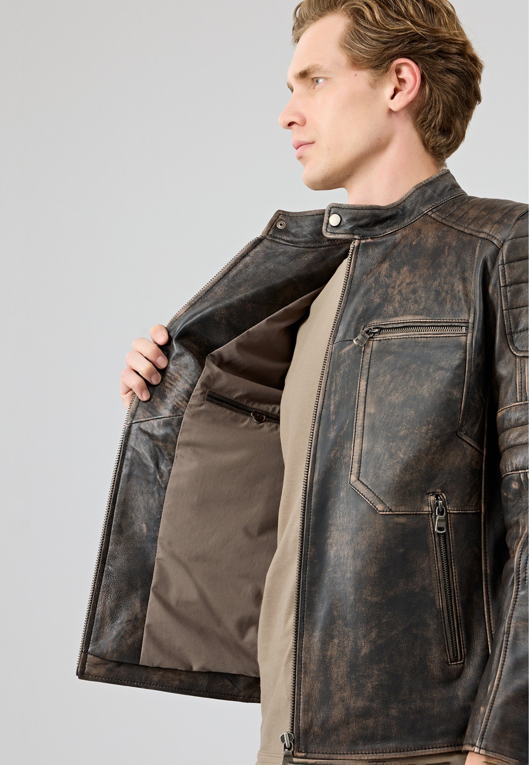 Derimod Lederjacke Morant Vintage Slim-Fit Lederjacke Slim Fit, Reißverschluss, Stehkragen, Kurz, Textilfutter
