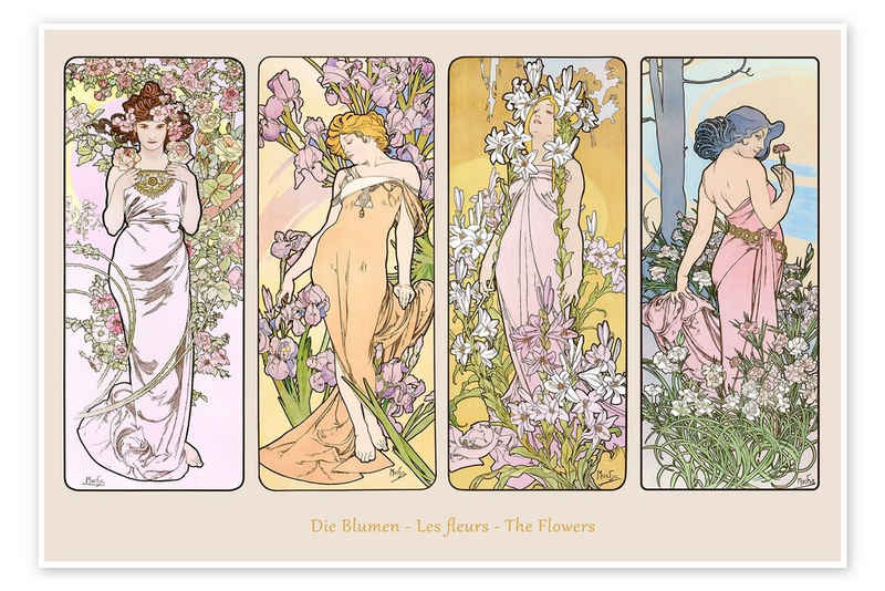 Posterlounge Poster Alfons Mucha, Die Blumen, Vintage Malerei