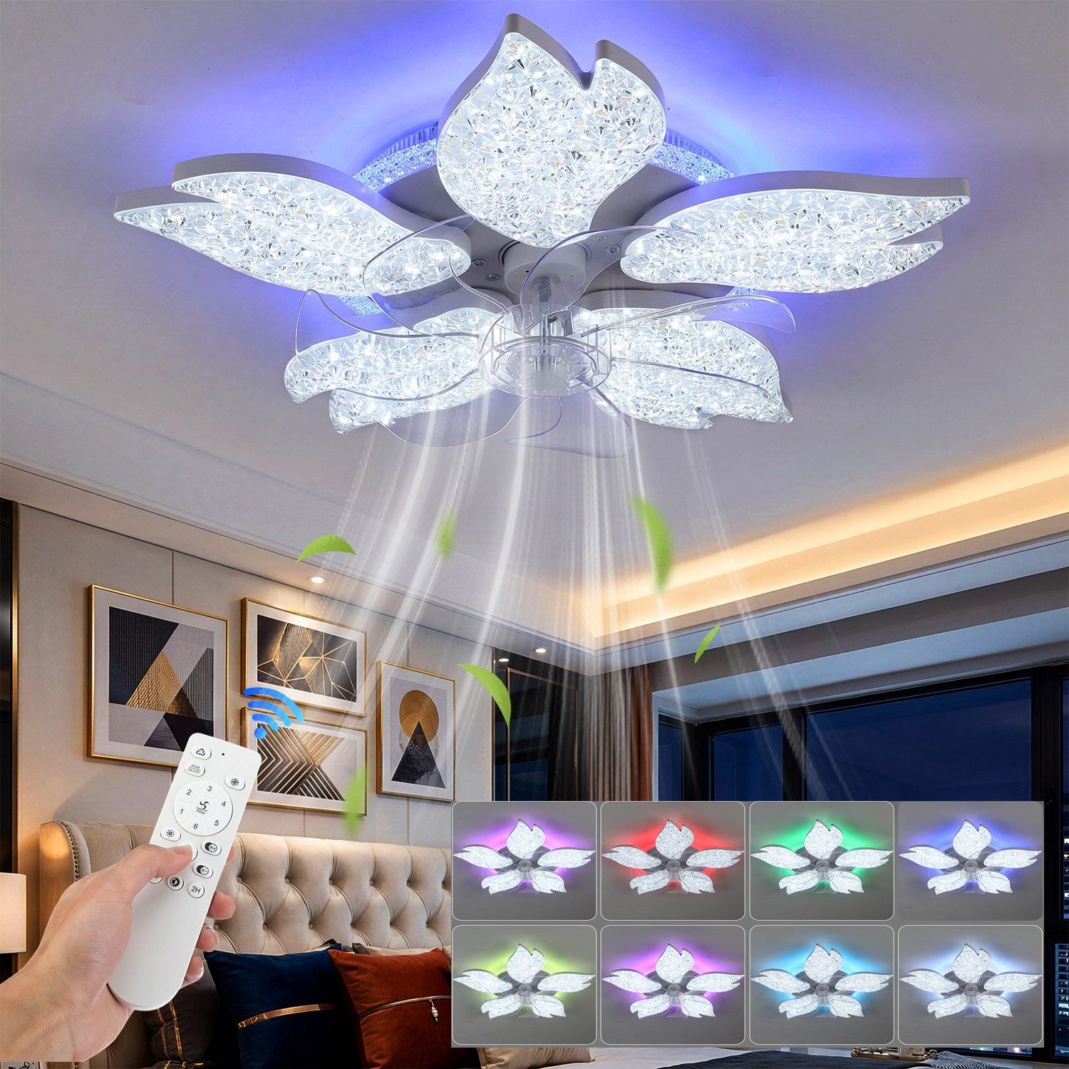 oyajia Deckenventilator Kristall Deckenleuchte mit RGB Hintergrundlicht,Leise Deckenventilator, 6 Geschwindigkeiten Ventilator, Deckenlampe mit RGB Farbwechsel Lampe