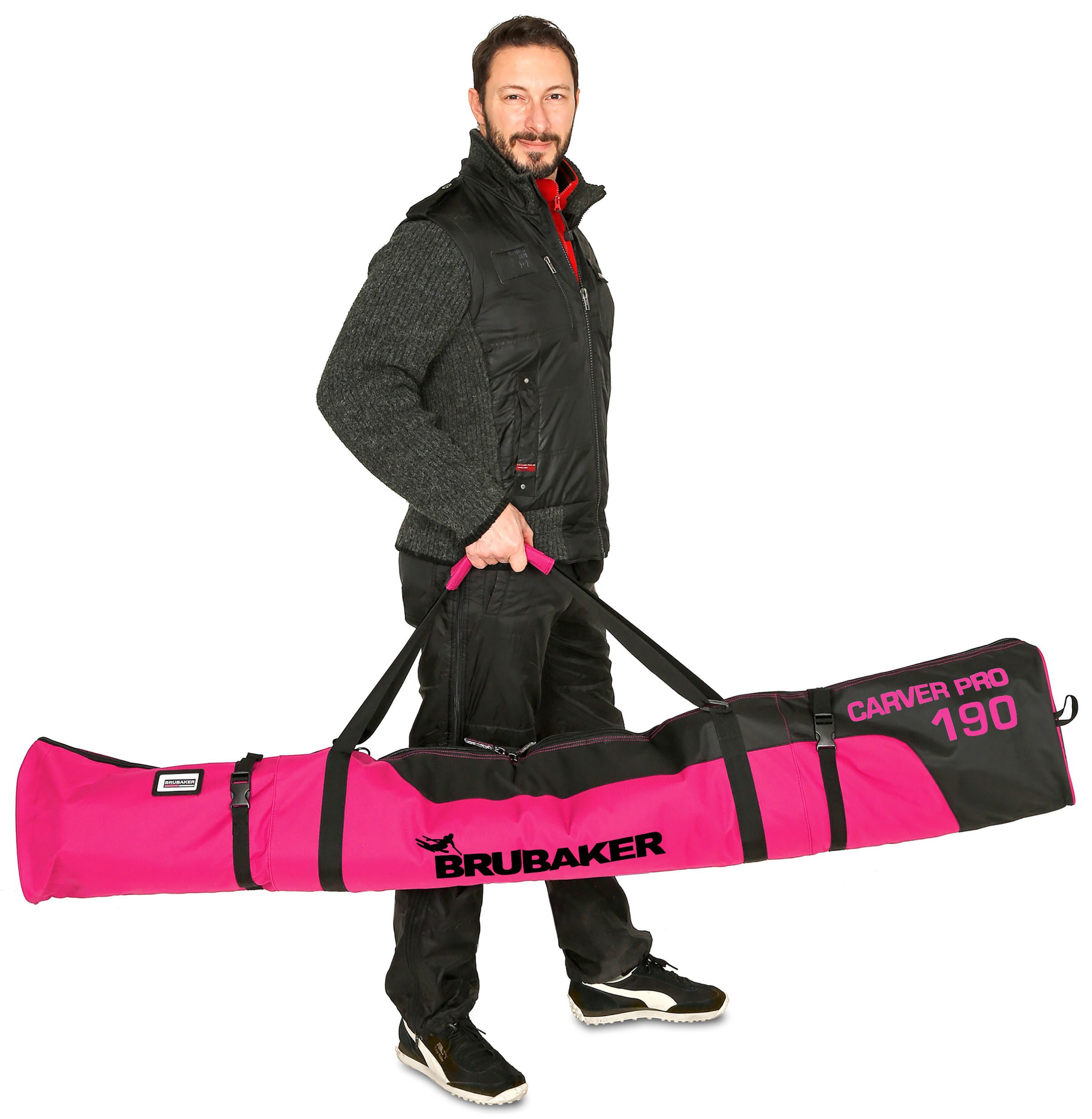 BRUBAKER Skitasche Carver Pro Ski Tasche - Pink Schwarz (Skibag für Skier und Skistöcke, 1-tlg., reißfest und schnittfest), gepolsterter Skisack mit Zipperverschluss
