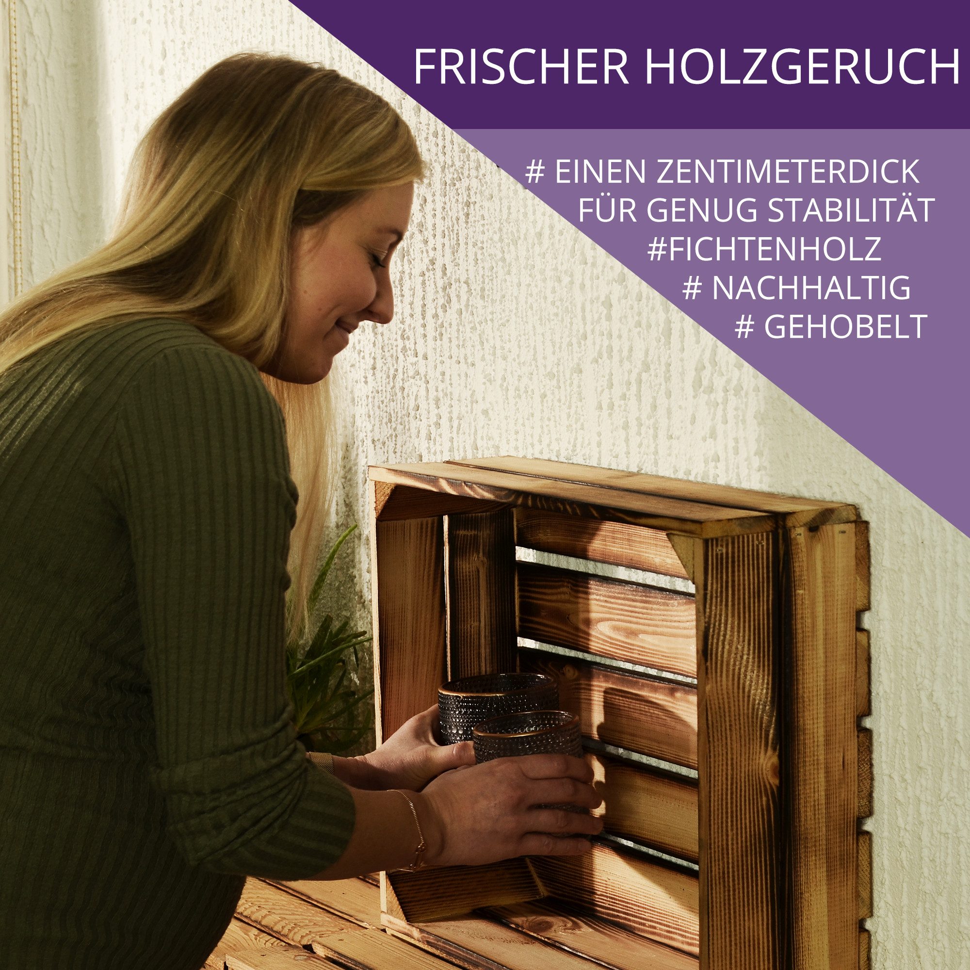 CHICCIE Holzkiste Holzregal 50x40x15cm - hell geflammt (1 St)