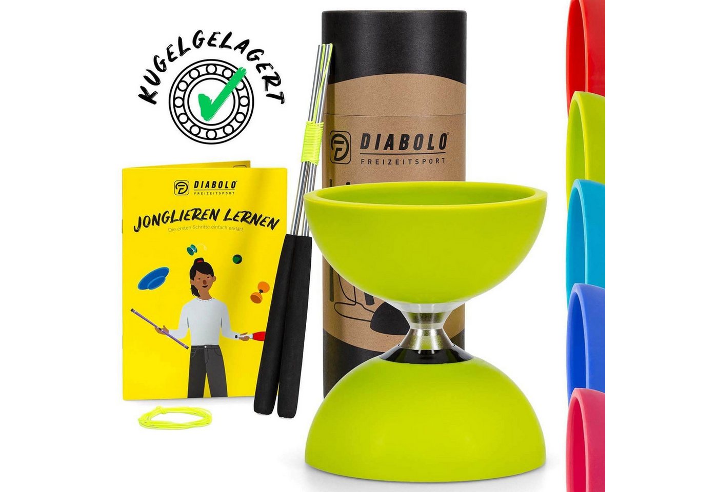 Diabolo Freizeitsport Diabolo Set Pro - inkl. Alu-Handstäben, Ersatzschnur, Anleitung, (Set, 1-tlg), Diabolo Set Pro (lime) Kugellager mit Alustäben für Kinder ab 5