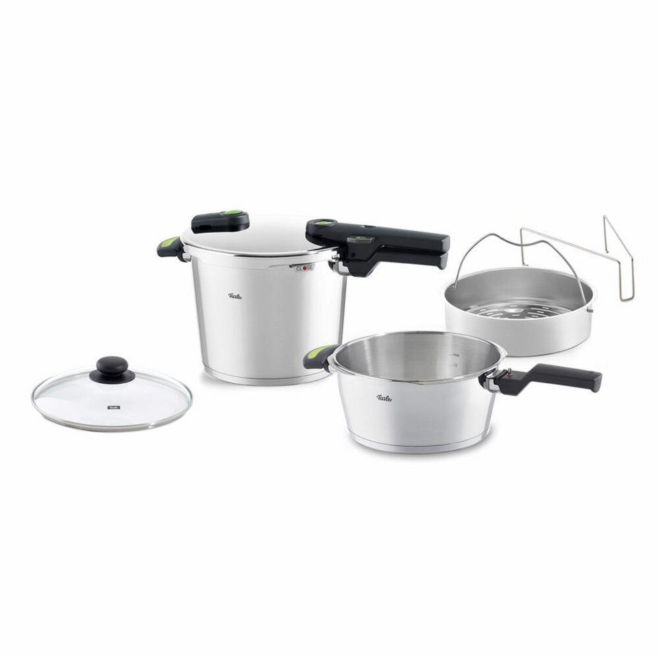 Fissler Schnellkochtopf vitaquick green 6 L Bundle, Edelstahl 18/10 (Set,  2-tlg), mit Pfanne und Glasdeckel, Induktionsgeeignet