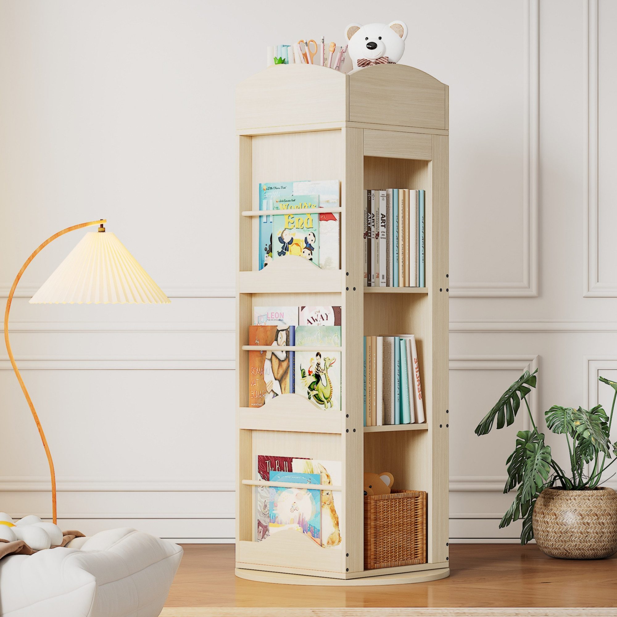 Yorbay Kinderregal Bücherregal 4 Ebenen, 360 Grad drehbar 30 kg je Ebene mit Seitenfächern