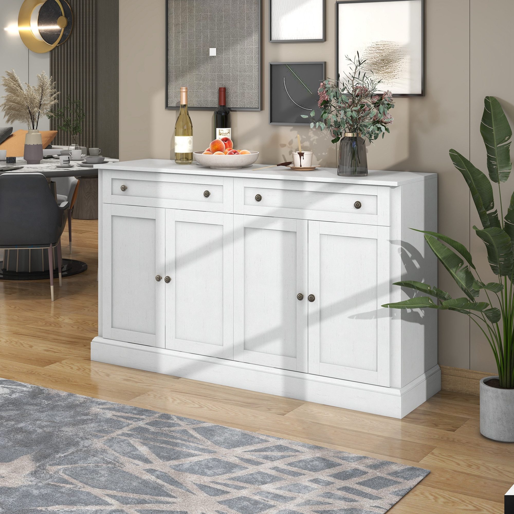 IDEASY Küchenbuffet Aufbewahrungsschrank, Sideboard mit 2 Schubladen und 4 Türen, (Vintage-Metallgriffen) verstellbaren Regalen für Esszimmer, Wohnzimmer, Kaffeebar