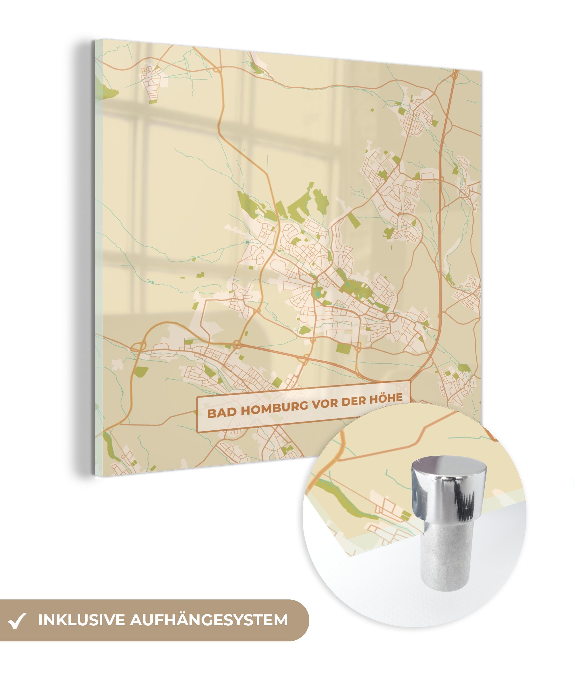 MuchoWow Acrylglasbild Bad Homburg von der Höhe - Stadtplan - Karte, (1 St), Glasbilder - Bilder auf Glas Wandbild - Foto auf Glas - Wanddekoration