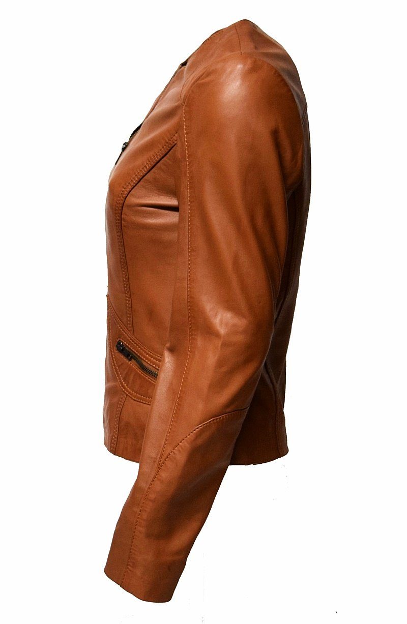 Zimmert Leather Lederjacke Bea (1-St) Leder, schwarz, Kragenlos, braun, weiches rot leicht, Lammnappa Cognac