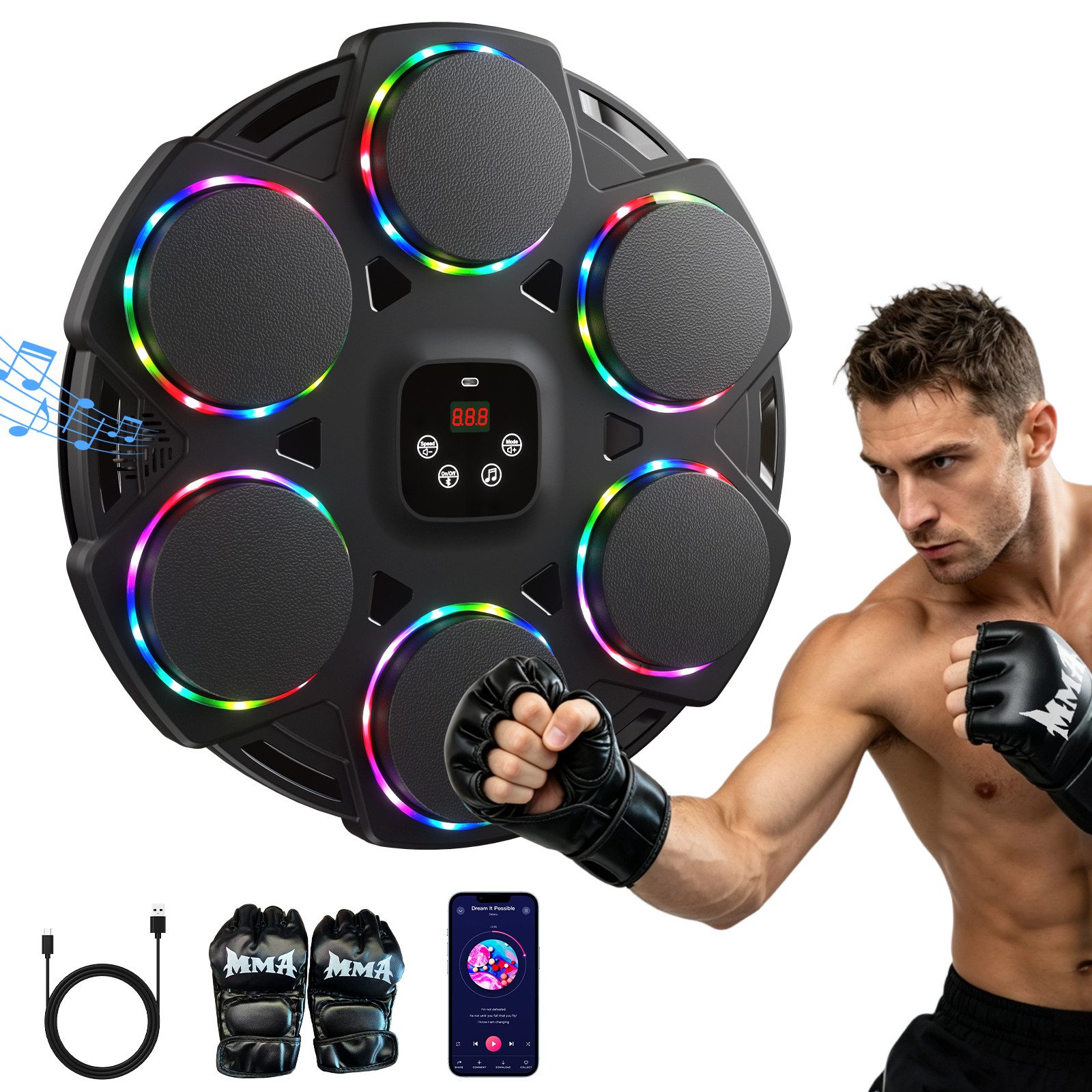 Elegear Boxmaschine boxmaschine mit musik für erwachsene Boxtrainingsmaschine Boxtraining, Stoßdämpfung Schlagzähler Touchscreen – Bluetooth 5.4, RGB, 12 Modi
