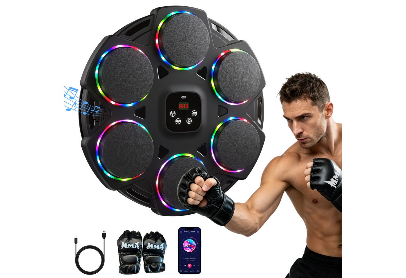 Elegear Boxmaschine boxmaschine mit musik für erwachsene Boxtrainingsmaschine Boxtraining, Stoßdämpfung Schlagzähler Touchscreen – Bluetooth 5.4, RGB, 12 Modi