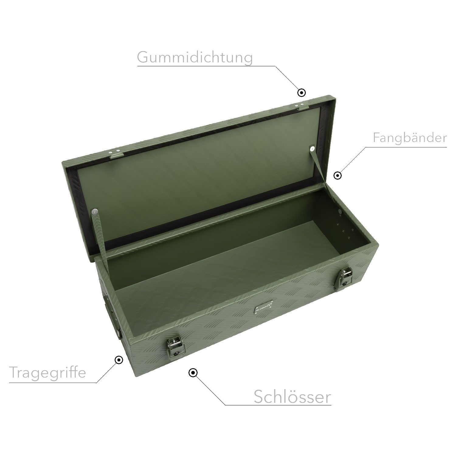 ALUBOX Aufbewahrungsbox Alukiste Transportbox Riffelblech olivgrün matt (48 Liter), Dichtung und Fangbänder im Deckel - nur 1,5 mm Wandstärke
