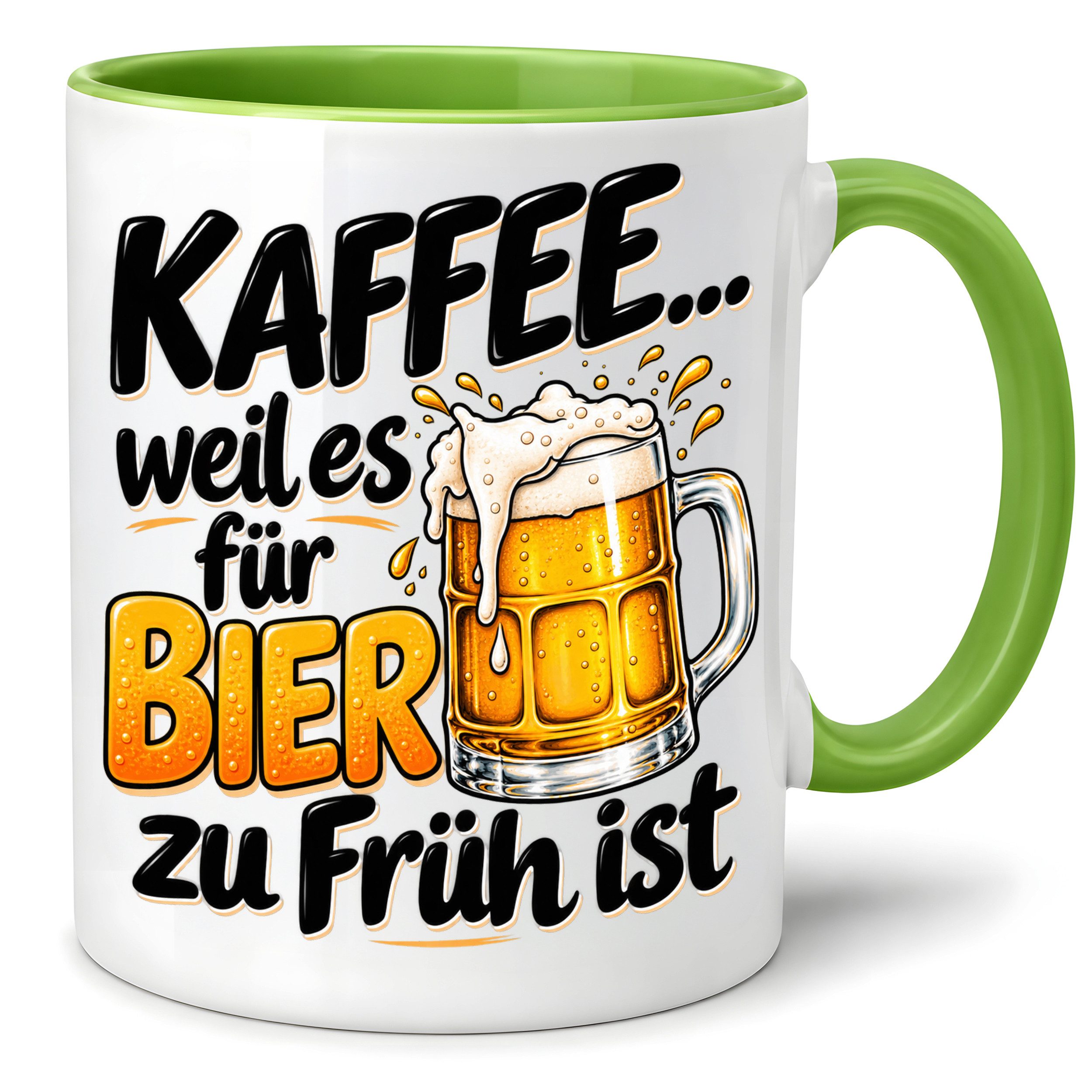 Herzbotschaft Tasse - Kaffee weil es für Bier zu früh ist - Farbwahl - 330 ml, mit Spruch, beidseitig bedruckt, spülmaschinenfest mikrowellengeeignet