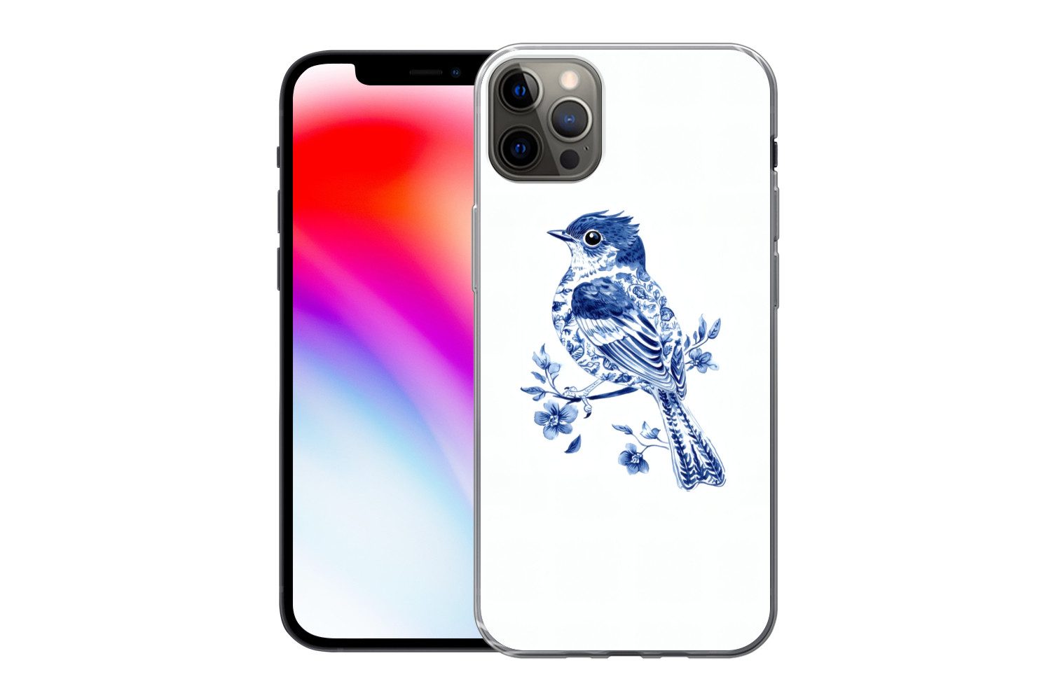 MuchoWow Handyhülle für Apple iPhone 13 Pro Max Vogel - Delfter Blau - Illustration - Blum, Smartphone-Bumper, Print, Handy Schutzhülle Dünn