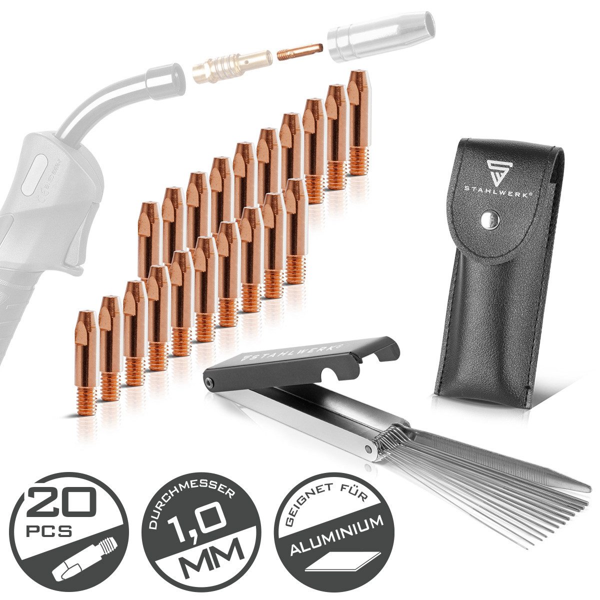 STAHLWERK Elektrowerkzeug-Set 20 Stromdüsen 1,0 mm AK25 MB25 KD24 MB24 Aluminium mit Düsennadeln