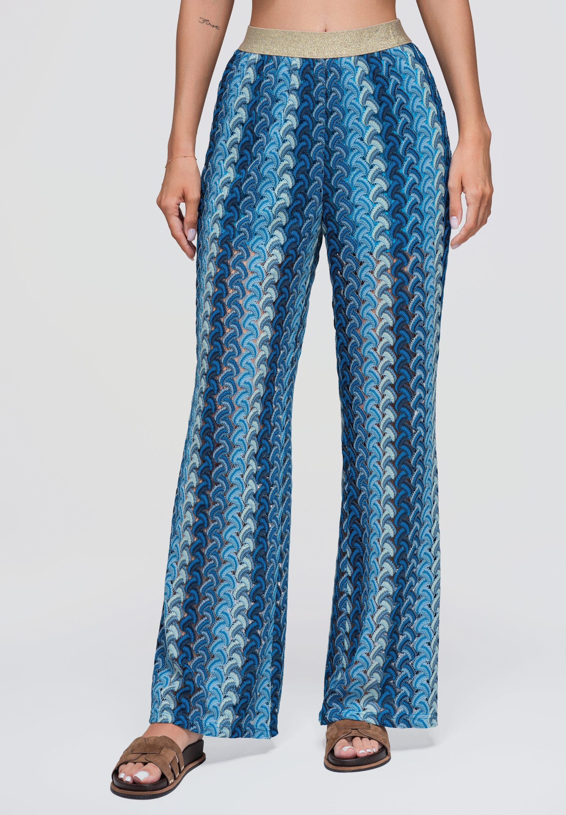 OMBRE Schlaghose Damen Schlaghose mit weitem Bein und elastischem Bund Blau S/M (kein Set, 1-tlg) Lace