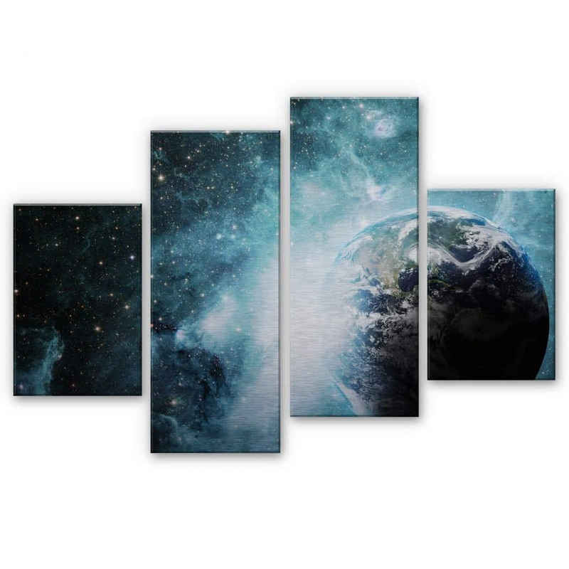 K&L Wall Art Gemälde 4er Set Alu-Dibond Poster Planet Erde Metalloptik Universum Sterne Galaxie, Galaxie Wandbild