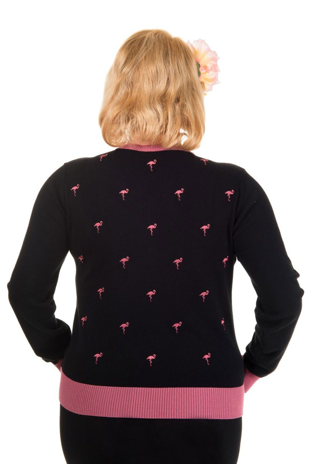 Banned Strickjacke Golden Touch Flamingo Schwarz Rosa Retro Vintage Cardigan