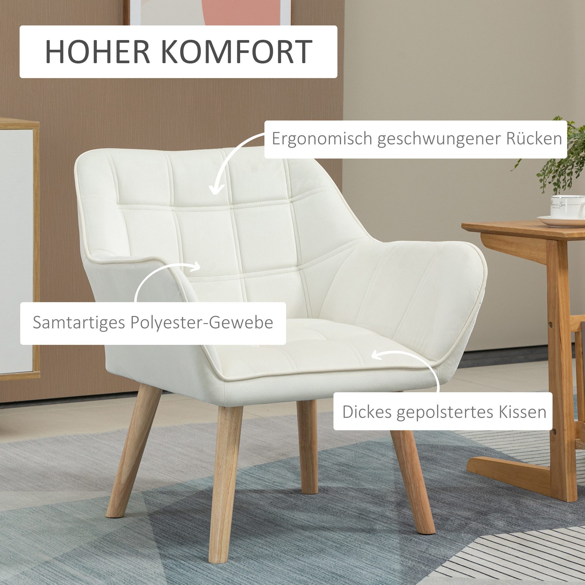 HOMCOM Relaxsessel Einzelsessel Ohrensessel, Sessel mit Samt erhöhte Beine (Esszimmerstuhl, 1-St., Stuhl), für Wohnzimmer, Schlafzimmer, Cremeweiß