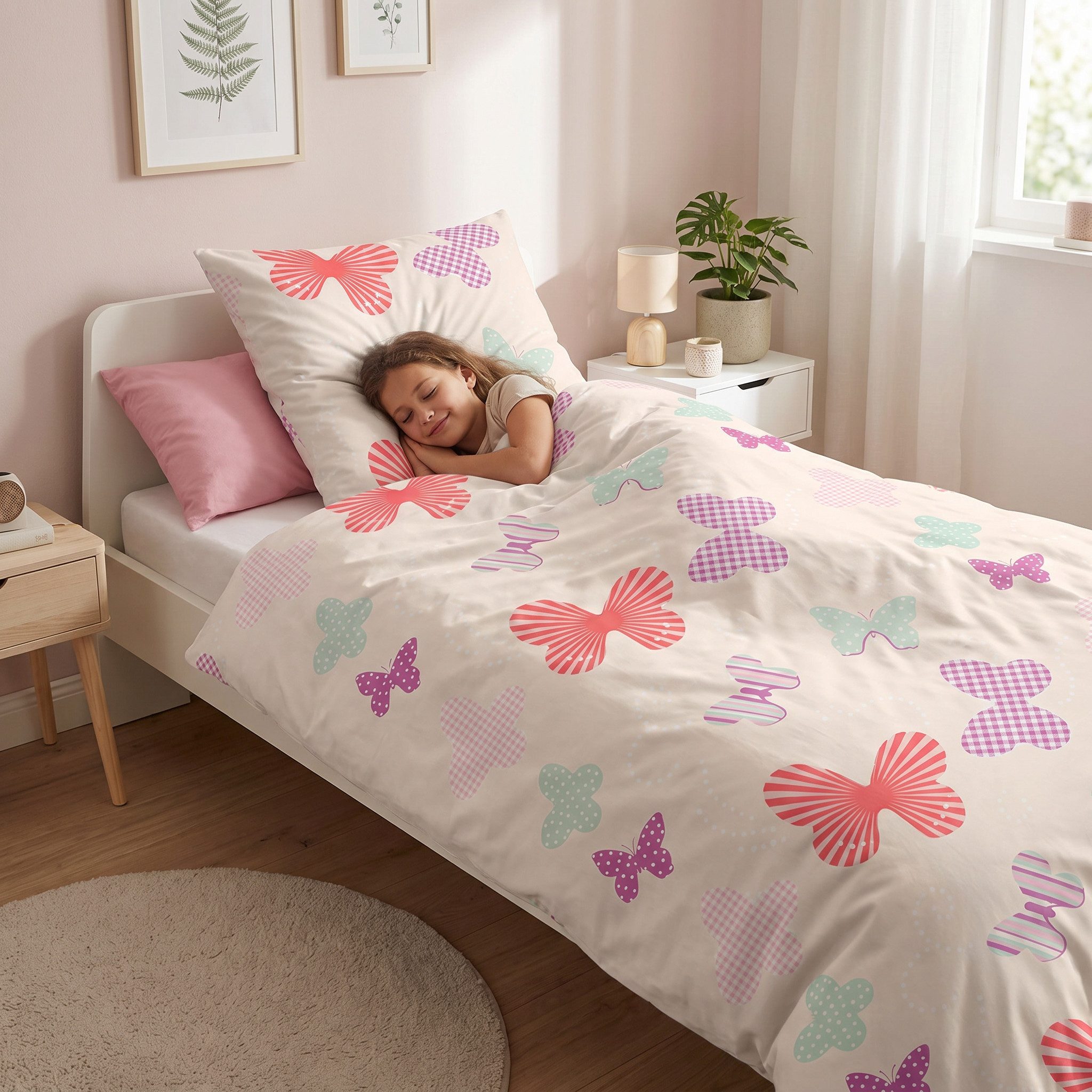 LINKHOFF Kinderbettwäsche Schmetterling Bettwäsche 135x200, 100% Baumwolle Mädchenbettwäsche Schmetterlinge Rosa Butter + Kissen – Bild 2 von 5
