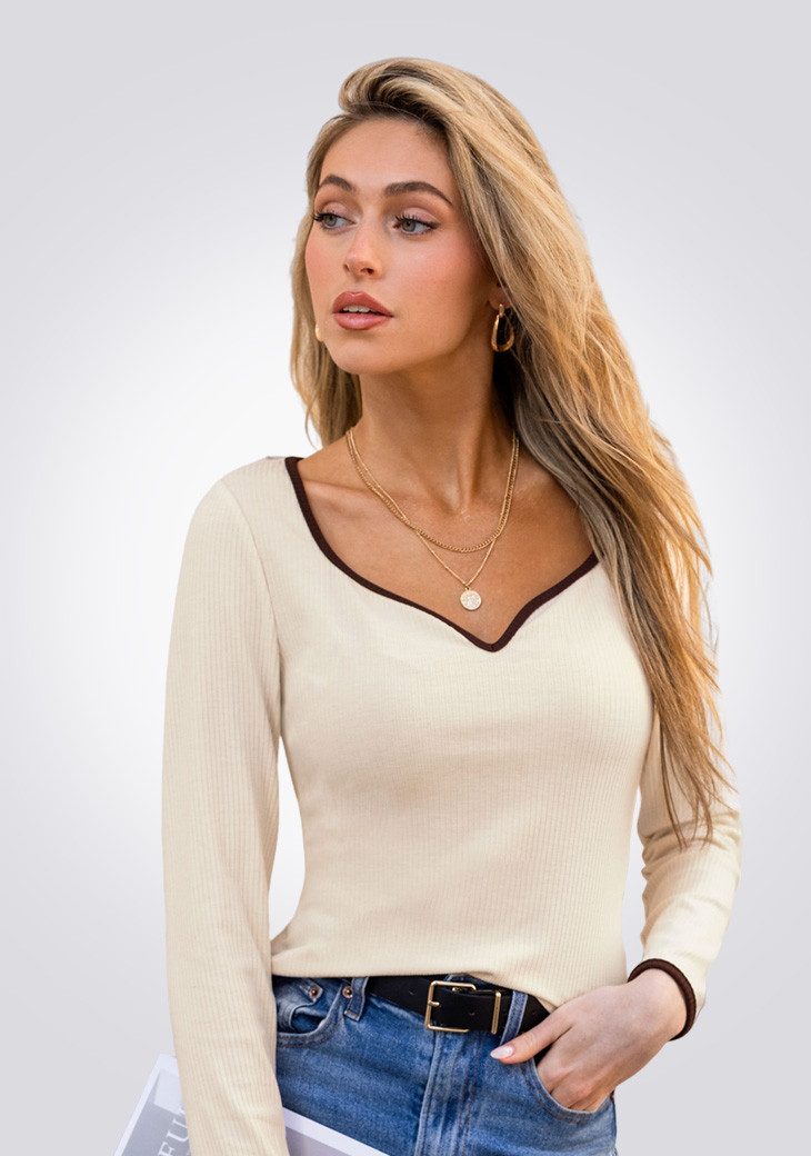 Cupshe Strickshirt Langarm-Rippstrick-Top mit Kontrast-V-Ausschnitt